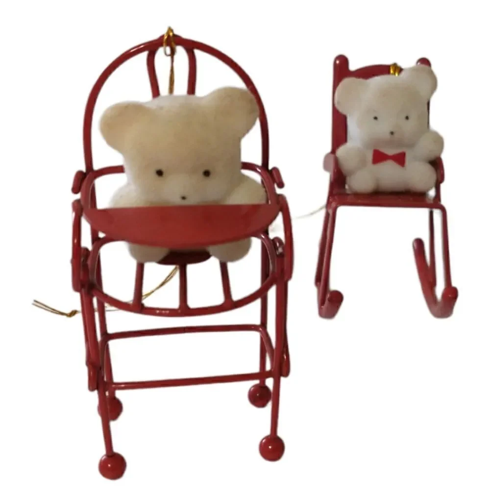 Avon Flocked Teddy Bear Ornament‎ Lot x 2 Red Metal Rocking Chair High Chair.